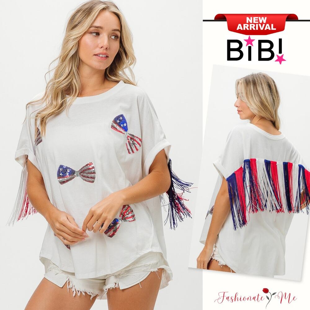 BiBi 4th Of July American Flag Theme Sequin Ribbon Patches Back Fringe T-Shirt